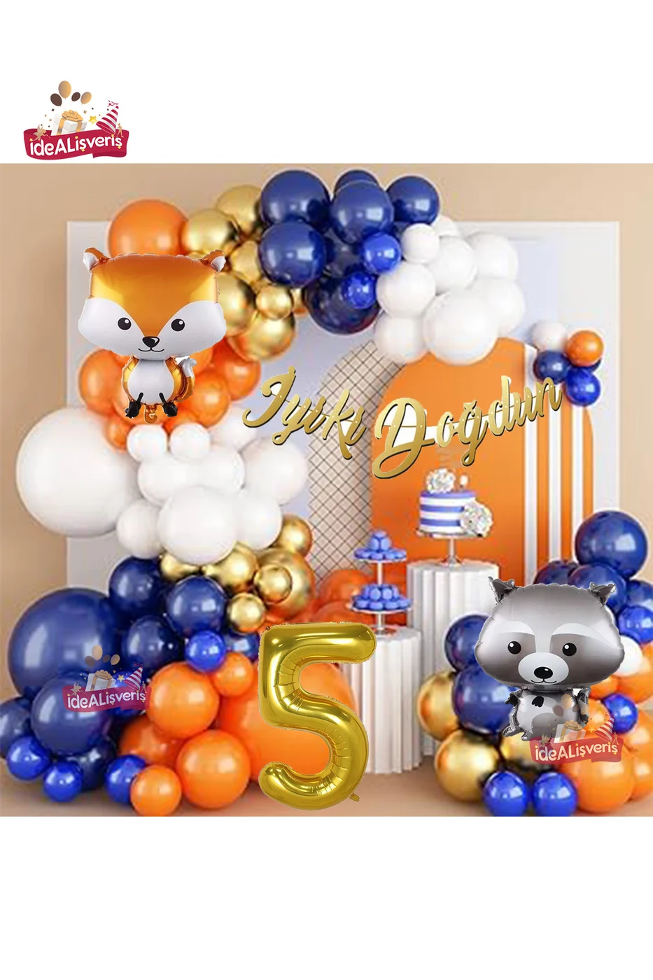 Turuncu Lacivert Gold 5 Yaş Rakun Ve Tilki Folyolu Doğum Günü Balon Zincir Seti