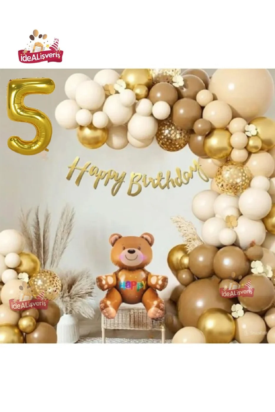 GOLD  RETRO RENK OTURAN AYI FOLYO BALONLU BALON ZİNCİR SET DOĞUM GÜNÜ PARTİ SETİ SÜSÜ gorsel 3