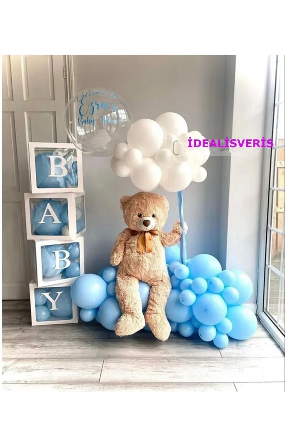 Baby Kutulu Mavi Beyaz Doğum Günü Seti Happy Bırthday gorsel 2