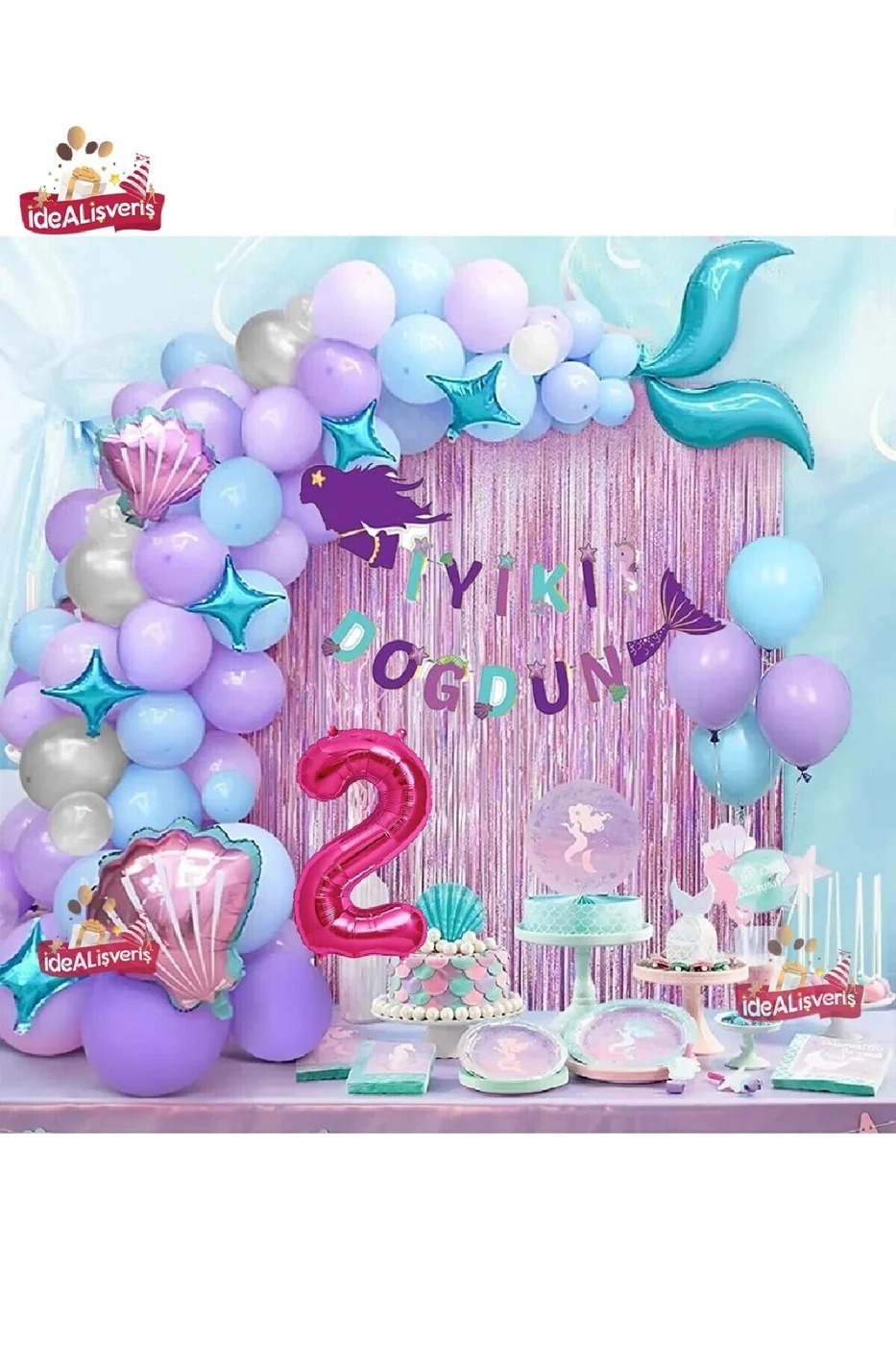 2 Yaş Deniz Kızı Banner Balon Mavi Mor Balonlar Folyo Saçak Perde Seti Doğum Günü Parti Süsü