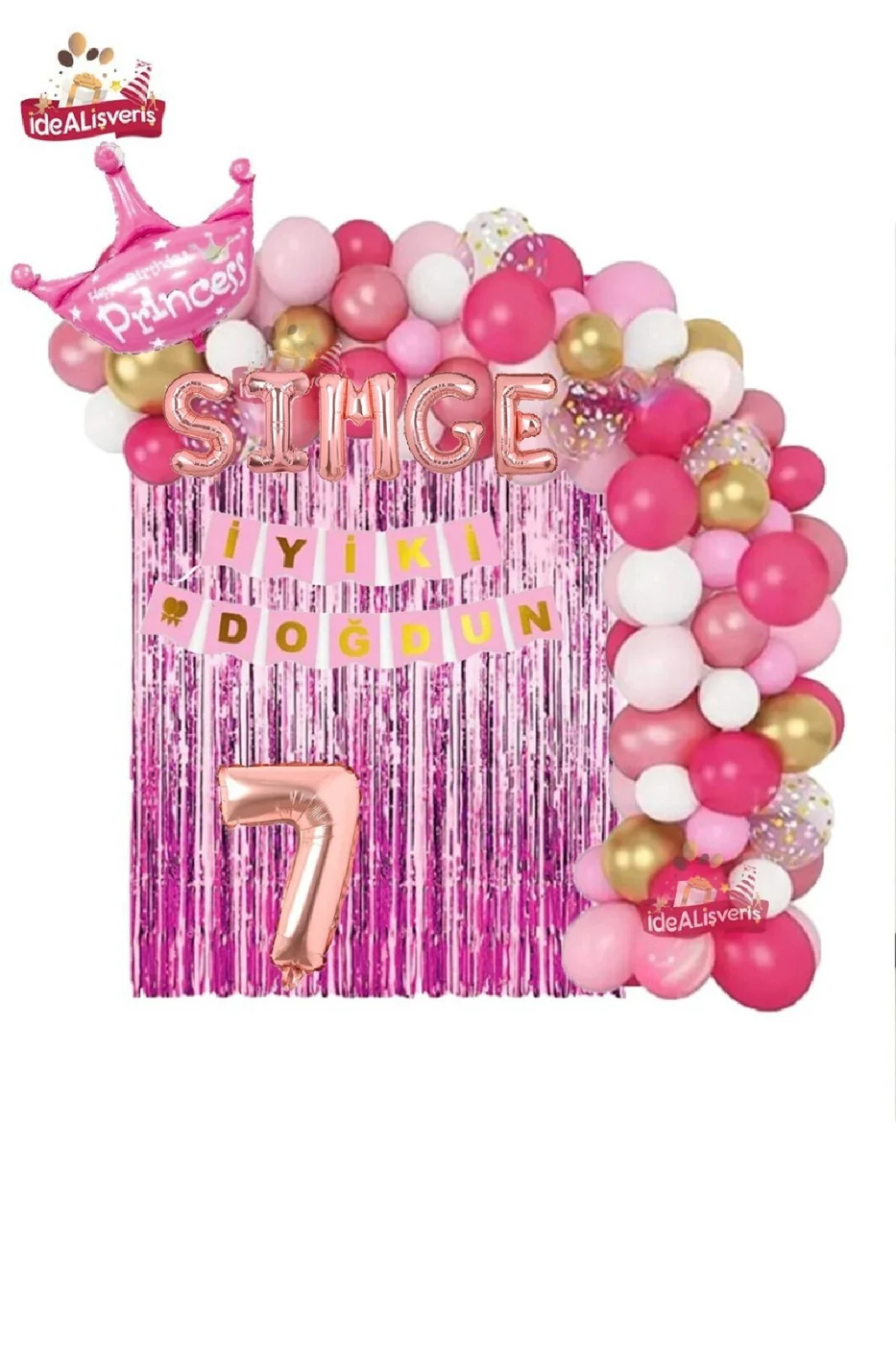 5 Harfli Rose İsimli Pembe Beyaz Konseptli Kraliçe Taçlı Doğum Günü Balon Zincir Parti Seti Süsü gorsel 5