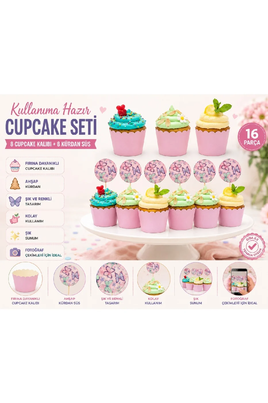 Kelebek Cupcake Süsü ve Cupcake Kalıbı Seti 8+8 Parça | Doğum Günü, Baby Shower, Diş Buğdayı Parti Malzemesi gorsel 3
