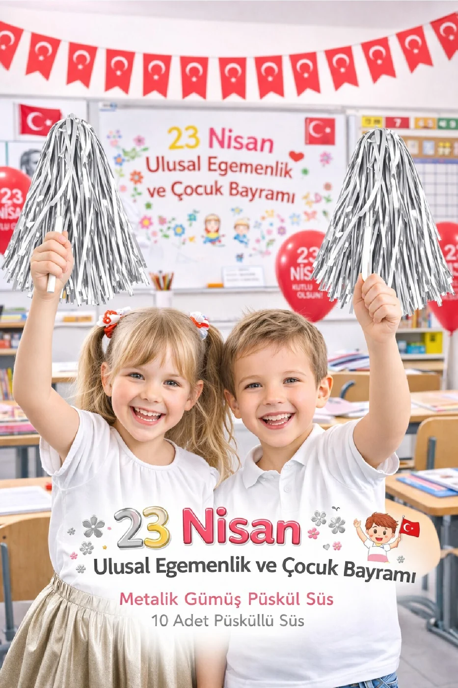 5 Çift 23 Nisan Metalik Püskül Süs – Çocuk Bayramı Parti Dekoru 10 Adet
