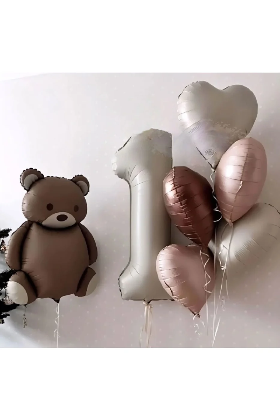 KREM YAŞLI RETRO KALP FOLYOLU AYICIK BOHOO BALON DEMETİ DOĞUM GÜNÜ PARTİ SETİ SÜSÜ gorsel 2