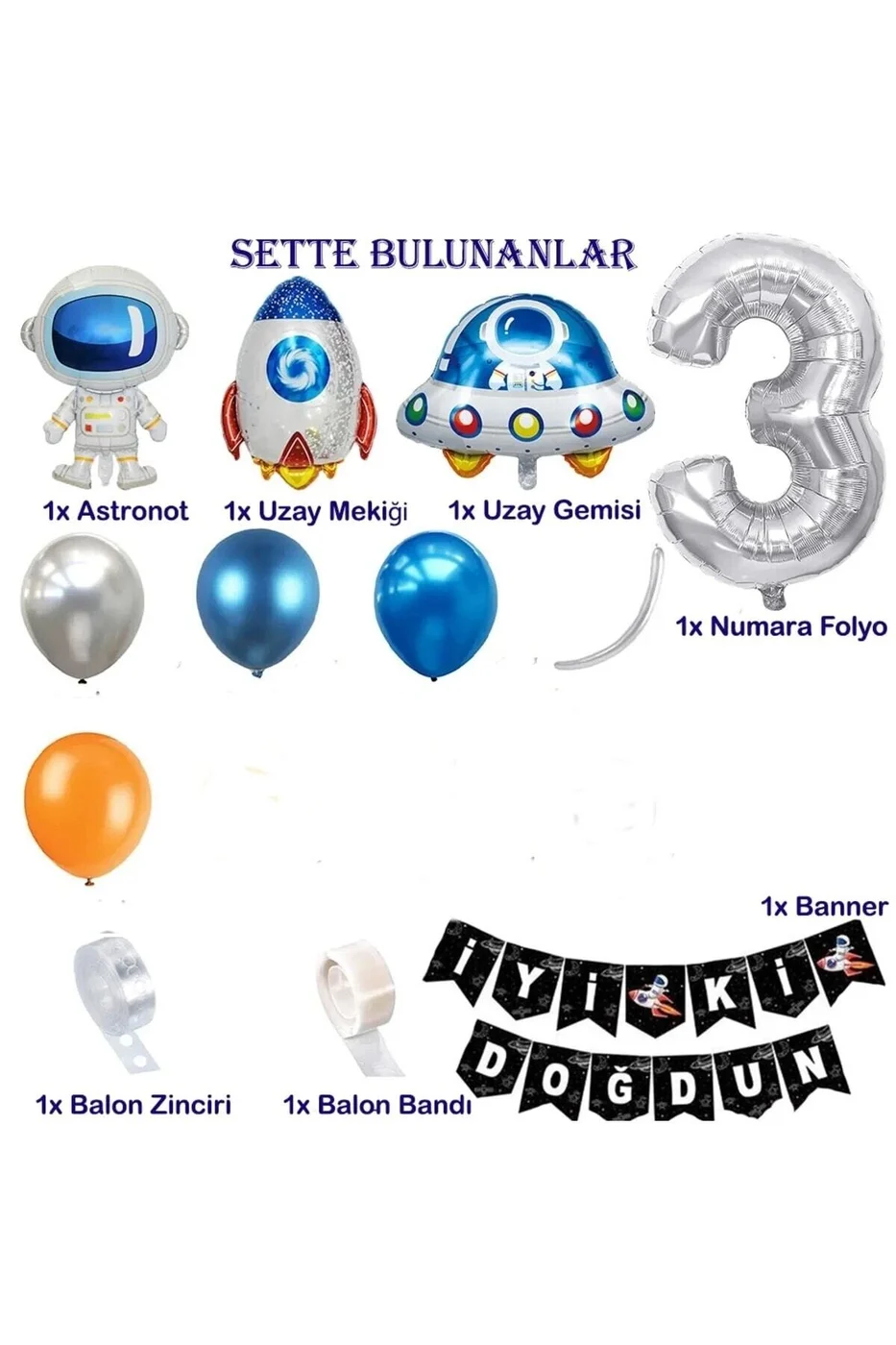 Uzay Temalı Doğum Günü Seti 3 Yaş; 4 Adet Folyo, 50 Lateks Balon, Banner, Balon Zinciri, Balon Bandı gorsel 3