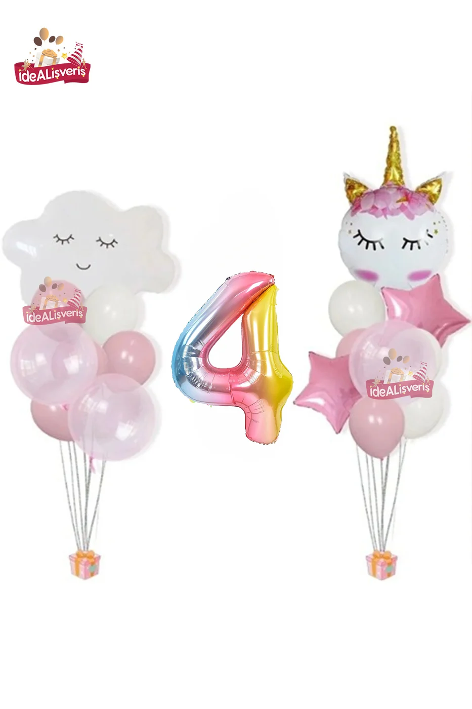 Bulut Eyelash Gökkuşağı 4 Yaş Folyo Pembe Beyaz Balonlu Doğum Günü Parti Seti