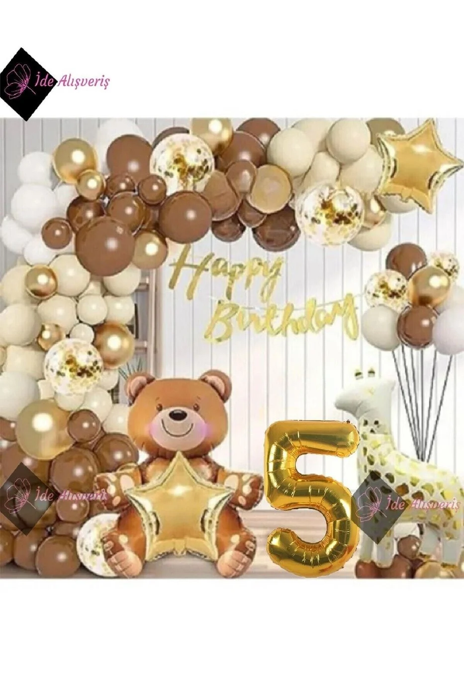 HAYVAN TEMALI FOLYO BALONLU KAHVERENGİ 5 YAŞ DOĞUM GÜNÜ PARTİ SETİ BALON SETİ