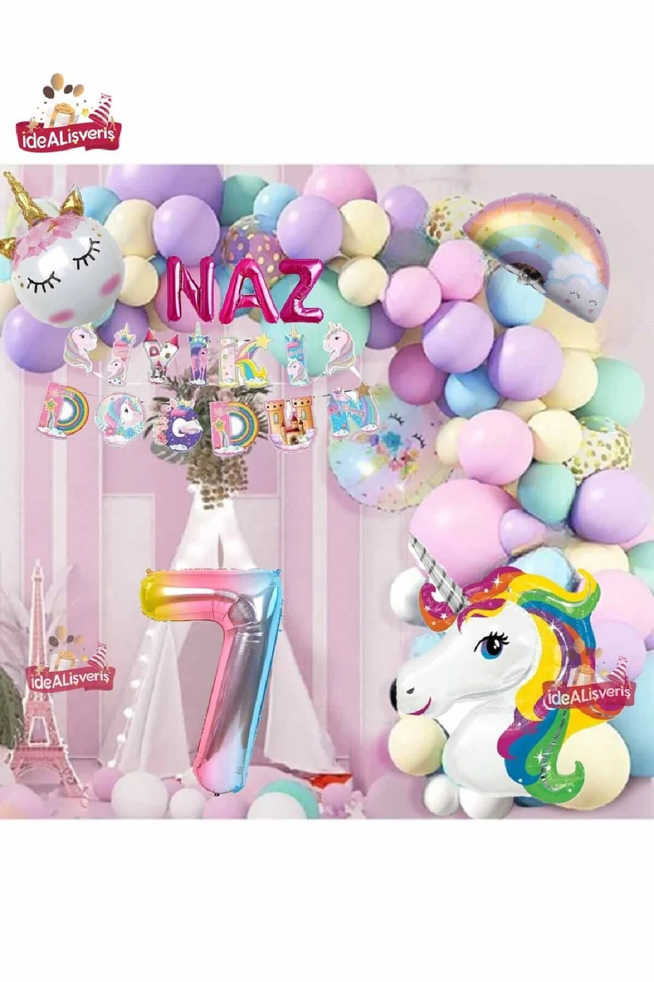 3 Harfli 7 Yaş Unicorn Temalı Iyi Ki Doğdun Makaron Balon Doğum Günü Parti Kutlama Seti Süsü gorsel 2