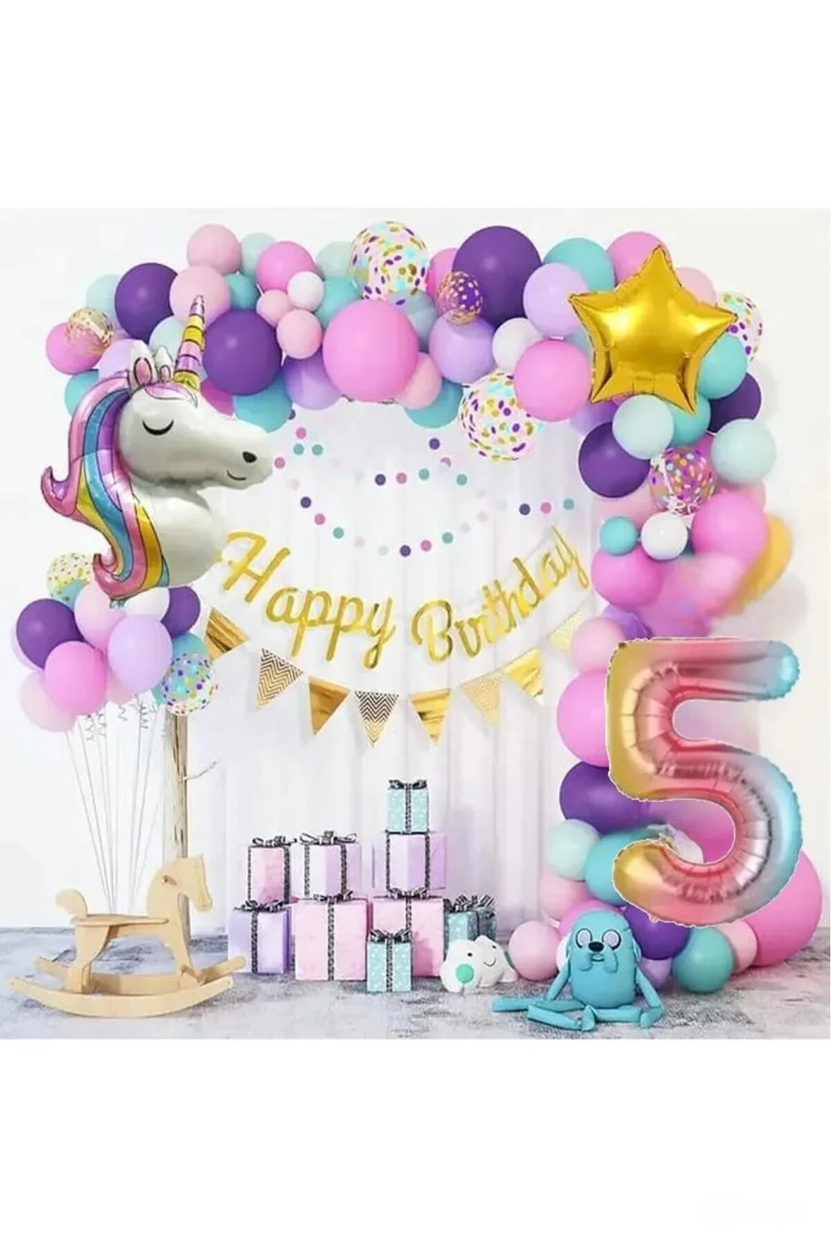 5 YAŞ UNİCORN LÜKS MAKORON RENKLER BALON ZİNCİR DOĞUM GÜNÜ PARTİ SETİ SÜSÜ