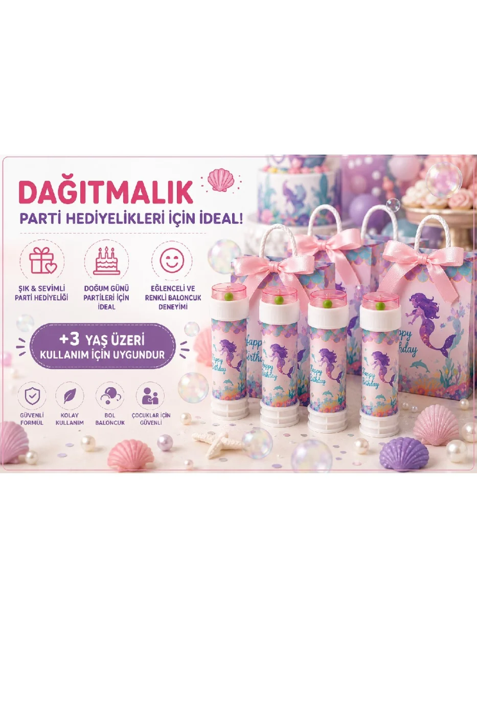 Deniz Kızı Temalı Köpük Baloncuk Tüpü 3'lü / 5'li / 10'lu Set Doğum Günü Parti Hediyeliği Bubble Oyuncağı Çocuk Baloncuk Oyuncağı gorsel 3
