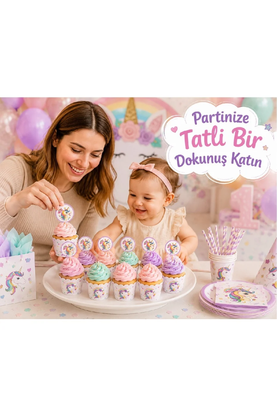 Unicorn Cupcake Süsü 8'li Set | 8 Cupcake Kalıbı + 8 Unicorn Kürdan | Doğum Günü Parti Malzemeleri | Baby Shower | Diş Buğdayı gorsel 2