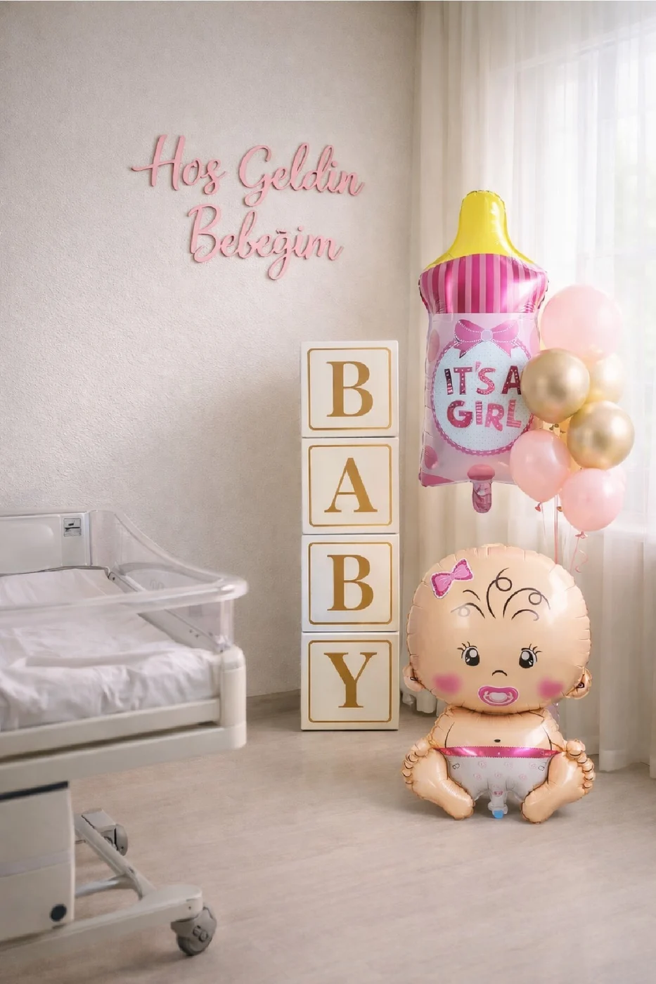 YENİ DOĞAN KARŞILAMA BABY SHOWER HASTANE ODA SÜSLEME KIZ BEBEK BALON DEMETİ SÜSLEME SETİ