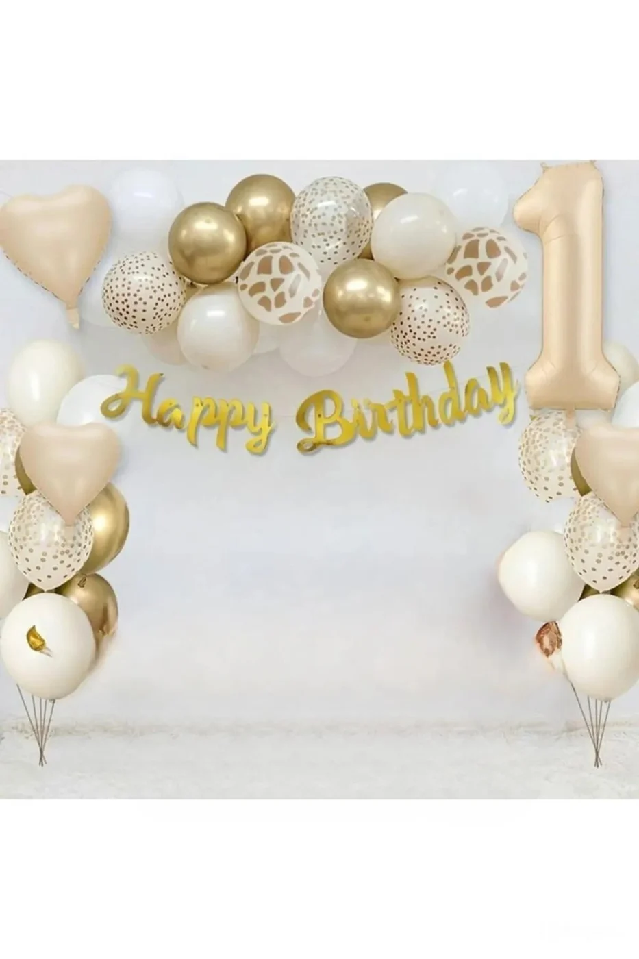 BEJ YAŞ FOLYOLU KALP BALONLU DOĞUM GÜNÜ BALON PARTİ SETİ SÜSÜ gorsel 3