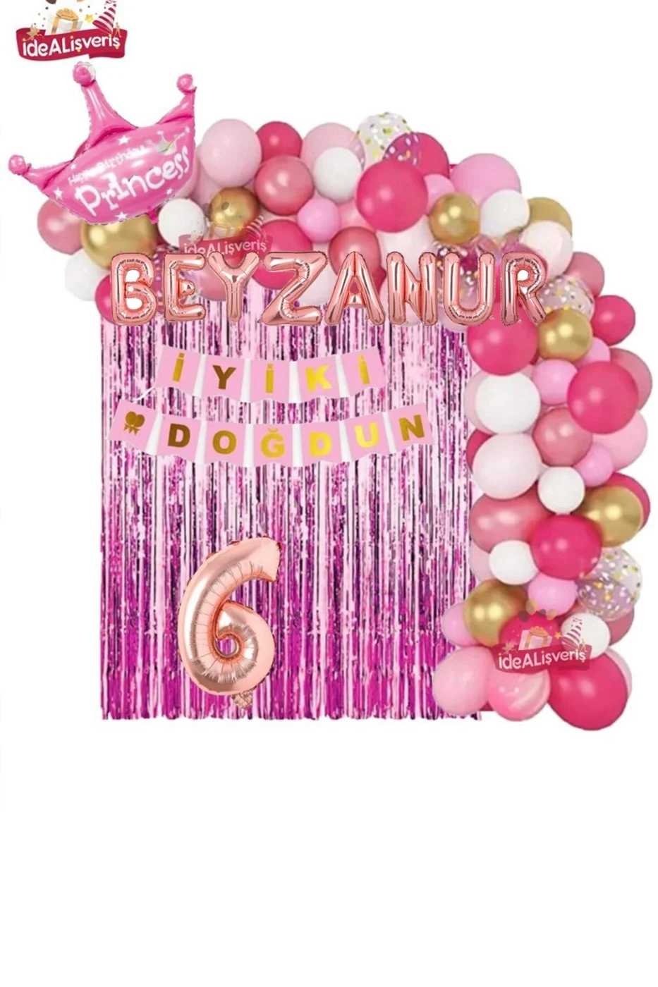 7 Harfli Rose İsimli Pembe Beyaz Konseptli Kraliçe Taçlı Doğum Günü Balon Zincir Parti Seti Süsü gorsel 6
