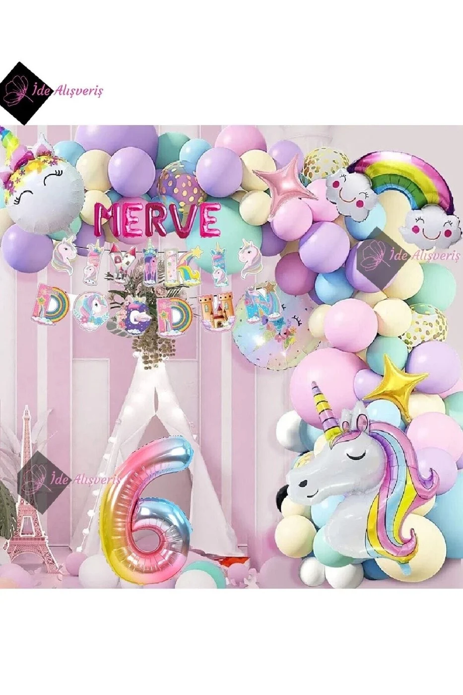 5 Harfli 6 Yaş Karakterli Unicorn Temalı Iyi Ki Doğdun Makaron Balon Doğum Günü Parti Kutlama Seti gorsel 2