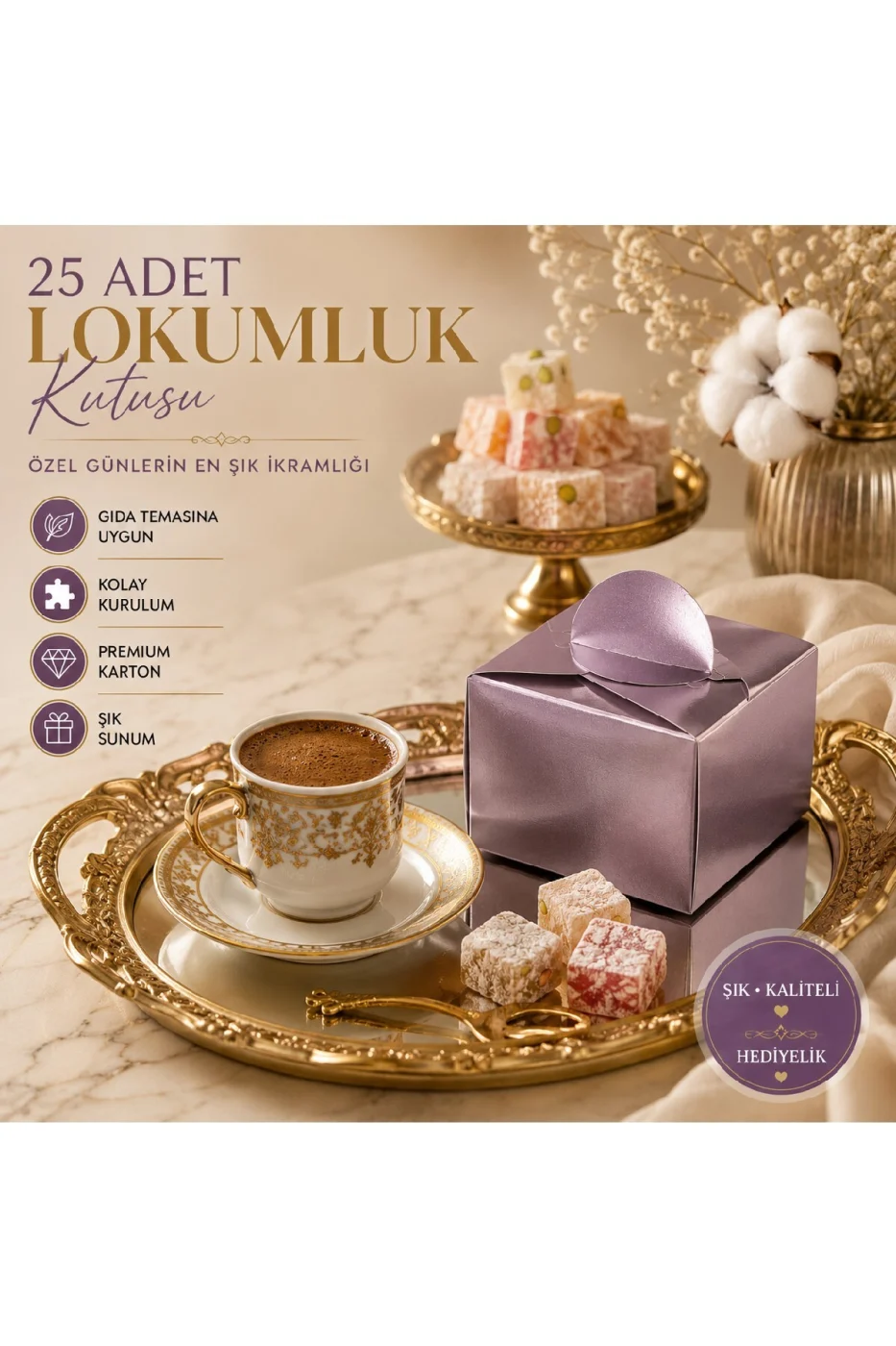 25 Adet Gold Gümüş Lokumluk Kutusu | Söz Nişan Düğün Mevlit Hediyelik Karton Lokum Kutusu | Premium Gold Gümüş gorsel 7