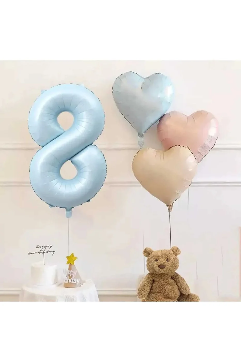 8 Yaş Mavi Rakam Folyo Balon Retro Mavi Pembe Satin Kalp Folyo Balon Doğum Günü Balon Seti