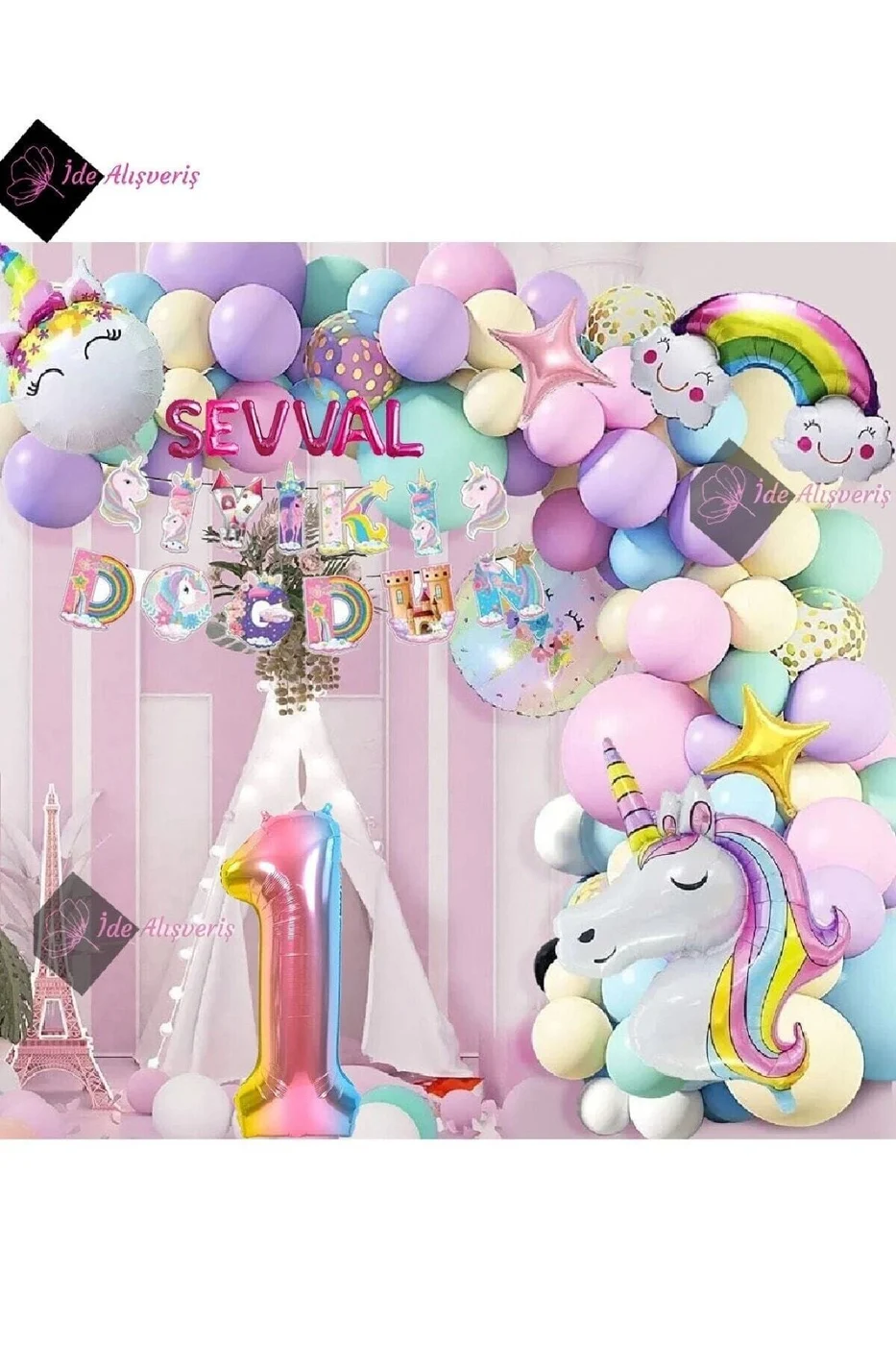 6 Harfli 1 Yaş Karakterli Unicorn Temalı Iyi Ki Doğdun Makaron Balon Doğum Günü Parti Kutlama Seti