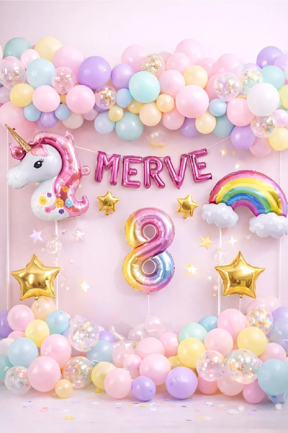 5 Harfli Kişiye Özel Unicorn Doğum Günü Süsü Pastel Balon Zinciri Gökkuşağı Unicorn Balon Parti Seti