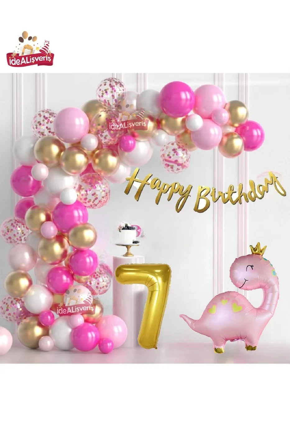 Lüks Pembe Dinozor  Yaş Folyo Balonlu Pembe Gold Beyaz Doğum Günü Parti Seti Süsü gorsel 2
