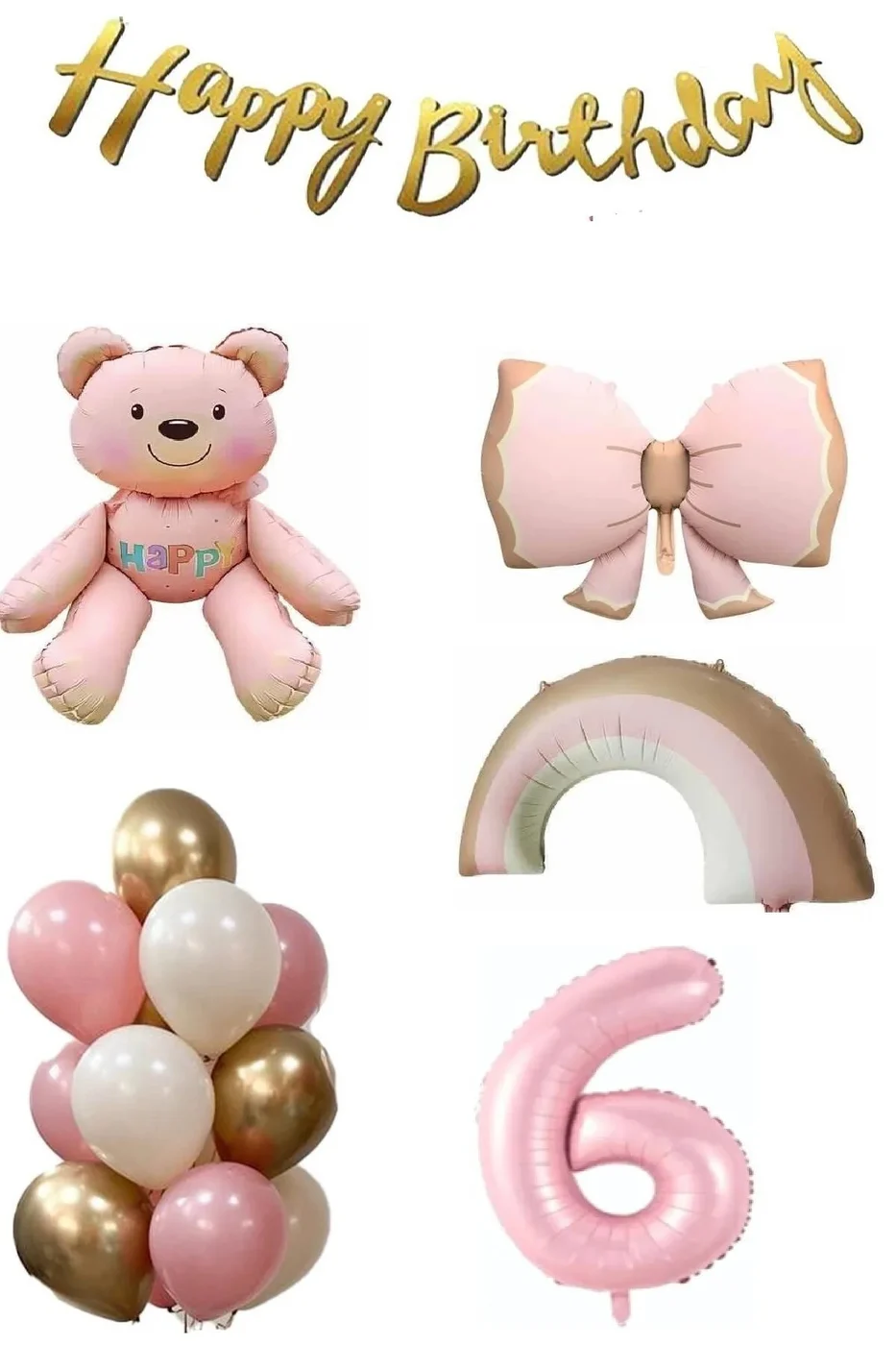 Pembe Ayıcık Yaş Balonlu Gökkuşağı Temalı Kız Bebek Konsept Doğum Günü Parti Seti Süsü gorsel 2