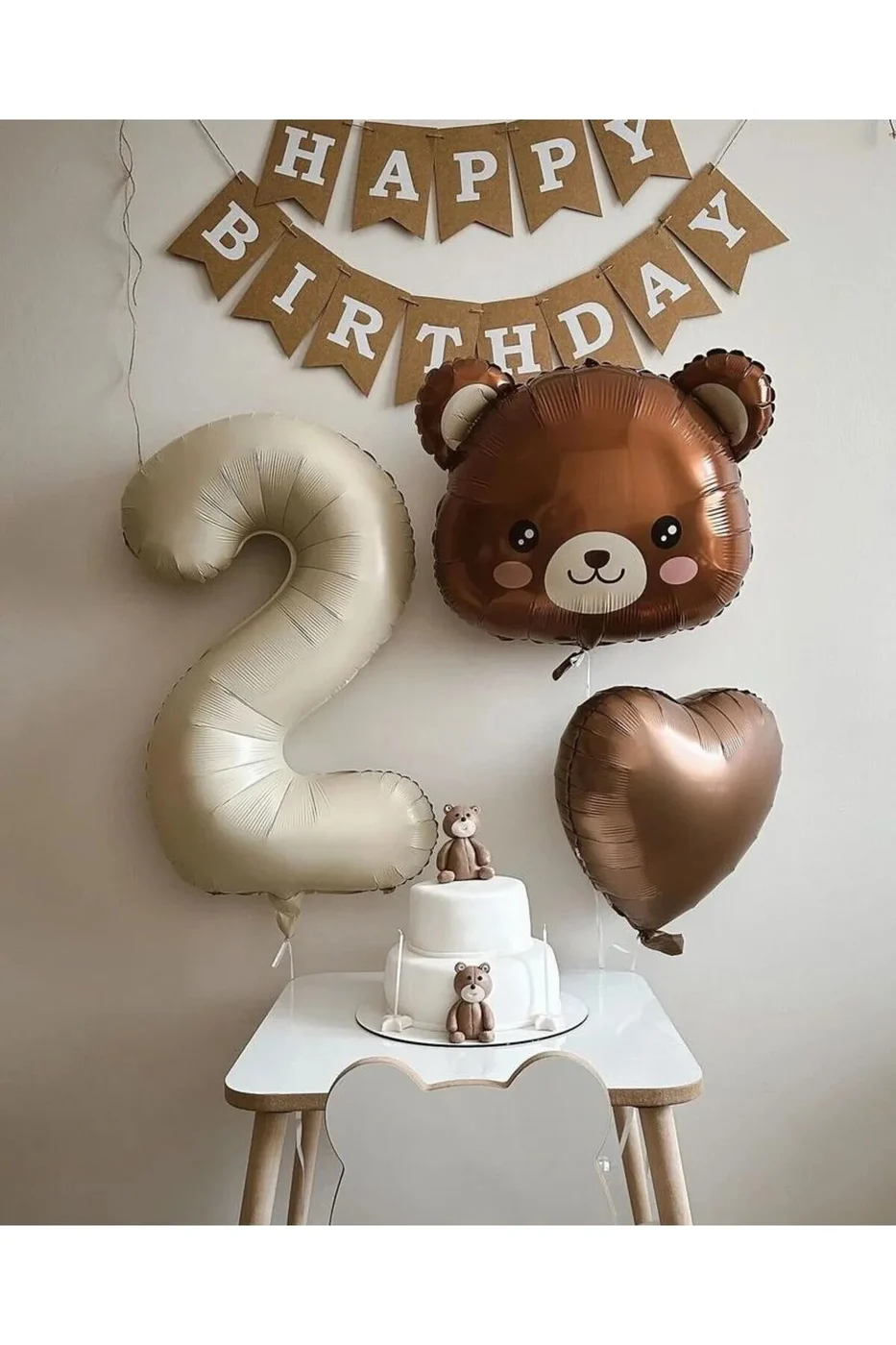 AYICIK KAFA FOLYOLU RETRO KREM YAŞ FOLYO BALON KRAFT HAPPY YAZILI BANNER DOĞUM GÜNÜ PARTİ SETİ SÜSÜ