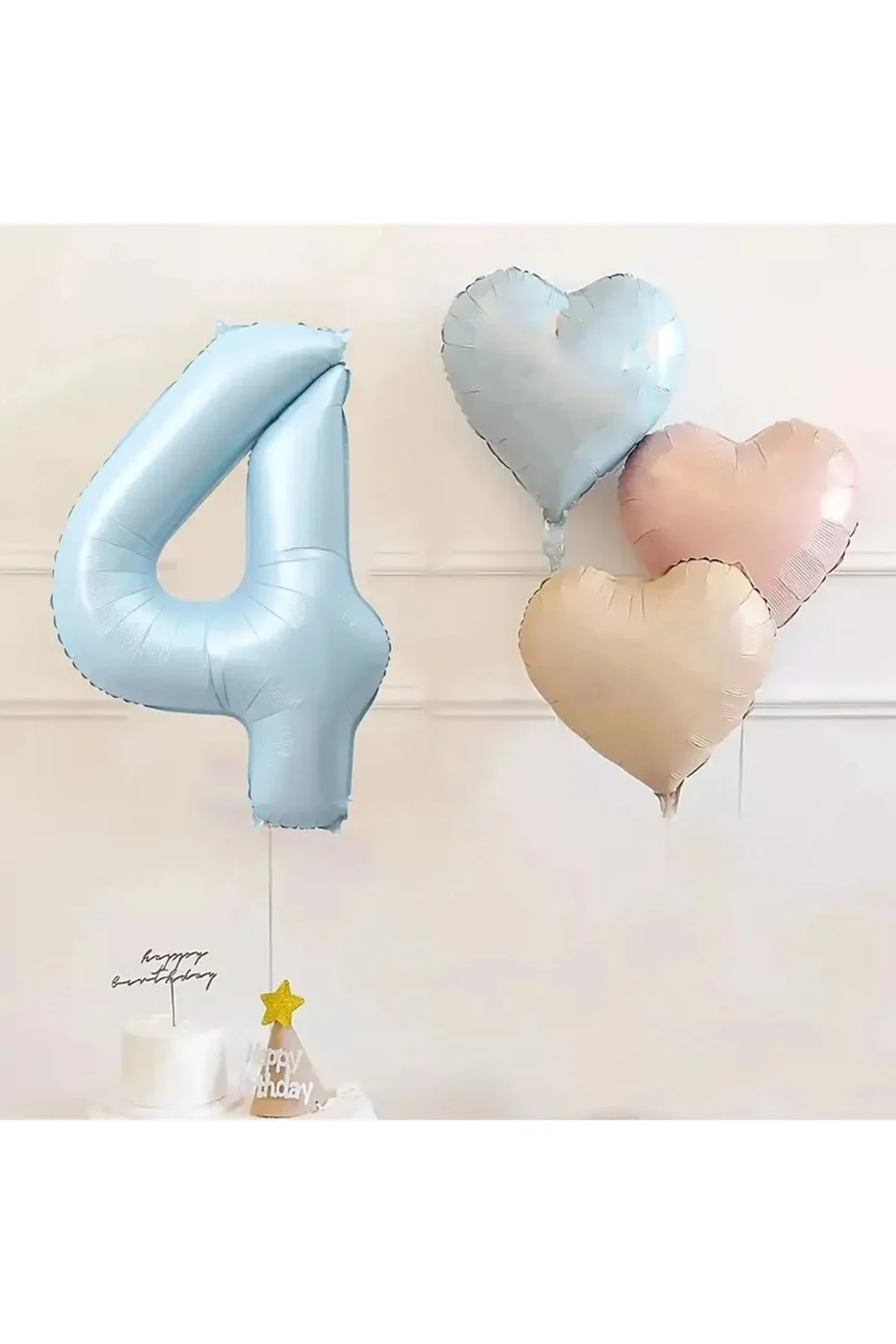 4 Yaş Mavi Rakam Folyo Balon Retro Mavi Pembe Satin Kalp Folyo Balon Doğum Günü Balon Seti