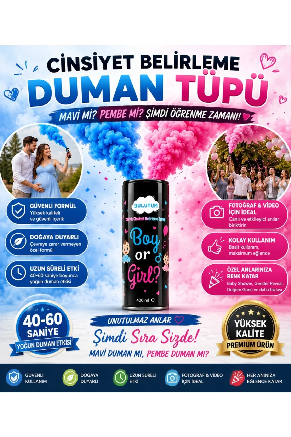 Cinsiyet Belirleme Duman Tüpü 400 ml Mavi & Pembe Gender Reveal Baby Shower Yoğun Duman Efekti