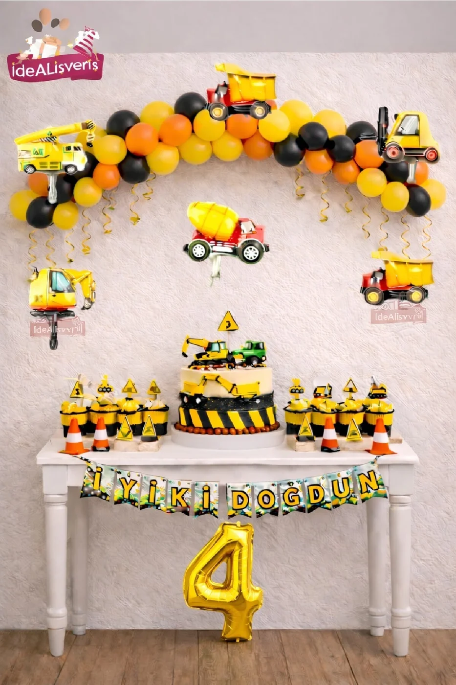 İnşaat Temalı Yaş Doğum Günü Süsleme Seti İş Makinesi Folyo Balon Balon Zinciri Parti Dekoru Süsü
