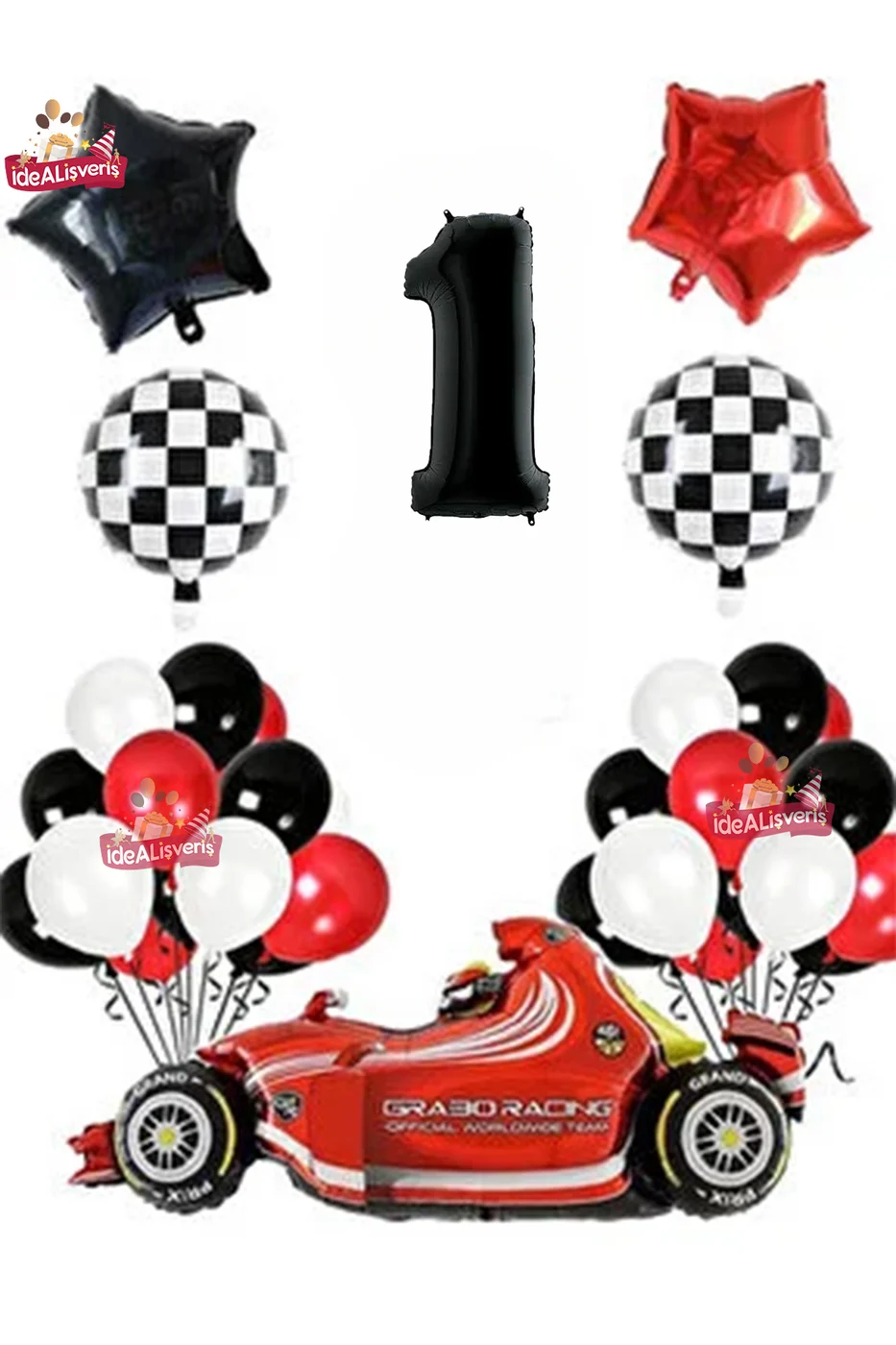 Formula Yarış Arabası 1 Yaş Siyah Kırmızı Beyaz Konsept Doğum Günü Parti Seti