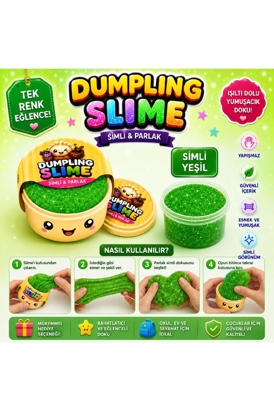 Çin Mantısı Slime Simli Oyun Hamuru Tekli | Glitter Slime | Esnek Yumuşak Doku | Kapaklı Kutu | 6 Renk Seçeneği