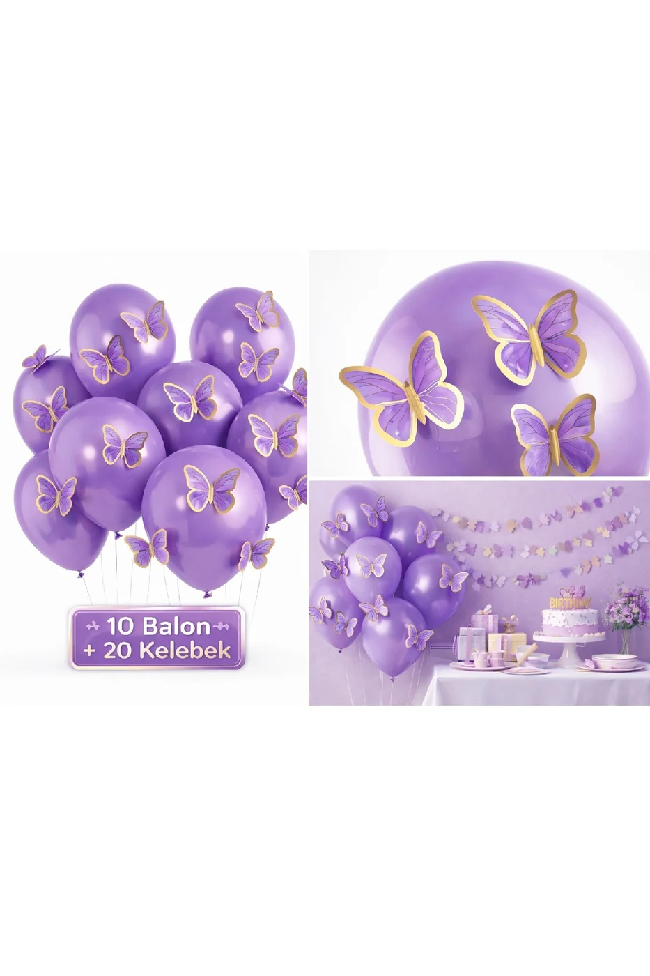 Soft 3D Kelebekli Balon Seti – 10 Balon + 20 Kelebek Doğum Günü Parti Seti Süsü gorsel 4