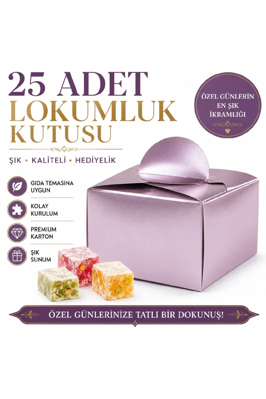 25 Adet Gold Gümüş Lokumluk Kutusu | Söz Nişan Düğün Mevlit Hediyelik Karton Lokum Kutusu | Premium Gold Gümüş gorsel 3