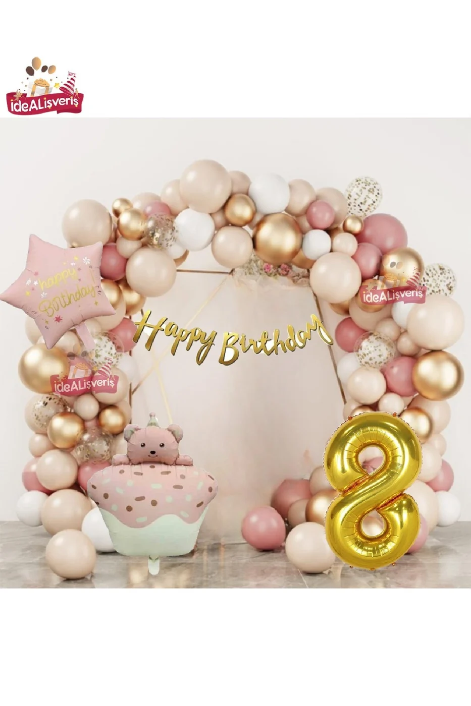 PEMBE RETRO KEK AYICIK KAFALI PEMBE RETRO YILDIZ GOLD 8 YAŞ FOLYOLU BALON DOĞUM GÜNÜ PARTİ SETİ SÜSÜ gorsel 4