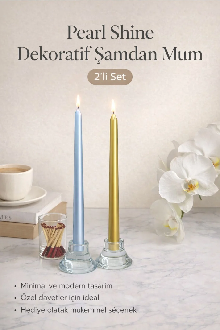 LUXE Şamdan Mum Seti 2’li Gold / Ivory / Silver Dekoratif Uzun Şamdan Mum