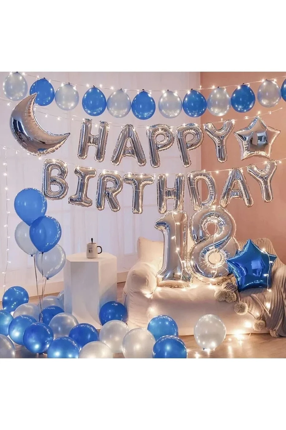 Gümüş Mavi Lüks Yaş Happy Bırthday Doğum Günü Parti Süsü