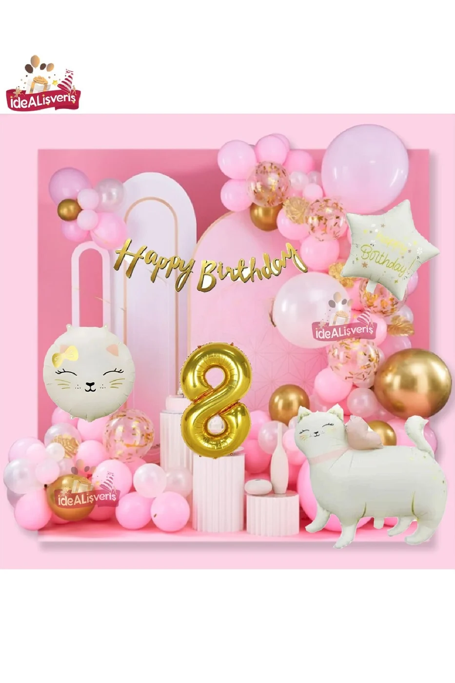 Yıldız ve Kedi Folyo Gold Yaş Folyolu Balonlu İyi Ki Doğdun Yazılı Pembe Gold Doğum Günü Parti Seti gorsel 3