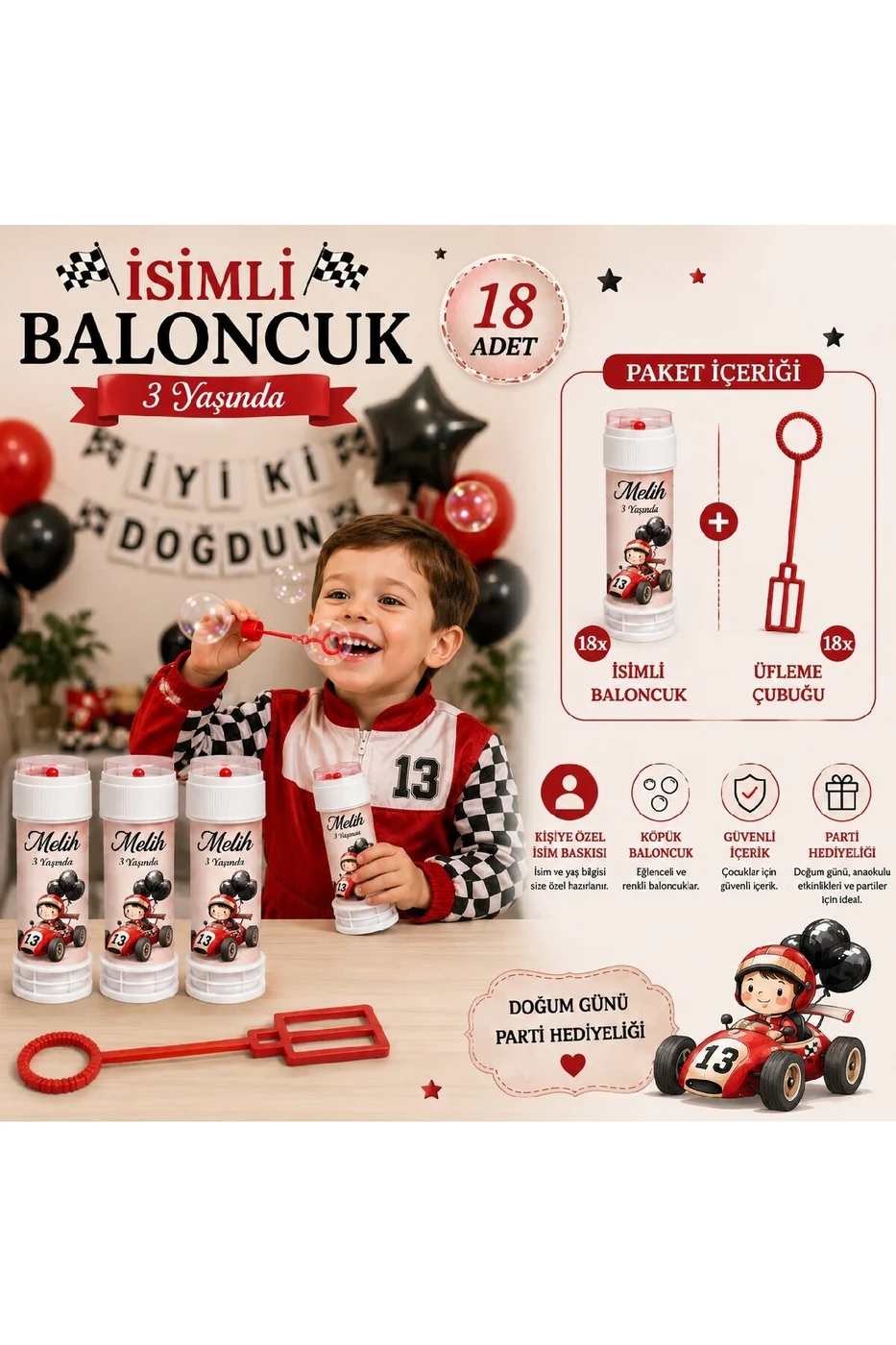 Kişiye Özel İsimli Baloncuk 18 Adet – Formula Temalı Doğum Günü Parti Hediyeliği Köpük Baloncuk Seti