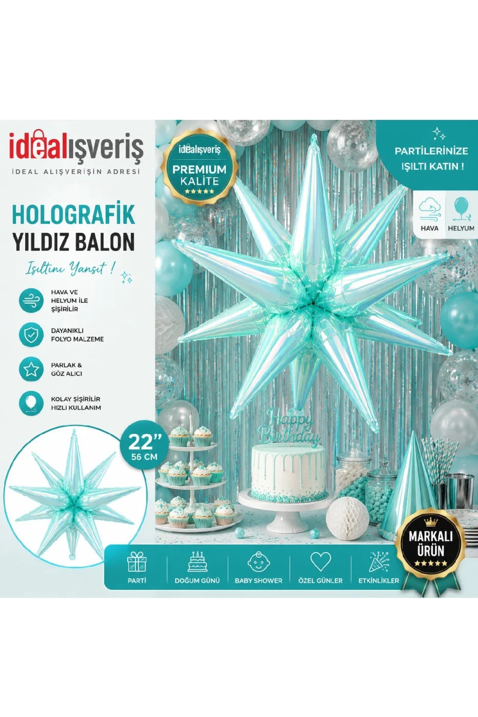 22 İnç Holografik 3D Kutup Yıldız Folyo Balon Neon (Renk) Parti Süsü Helyum Uyumlu 56 cm gorsel 4