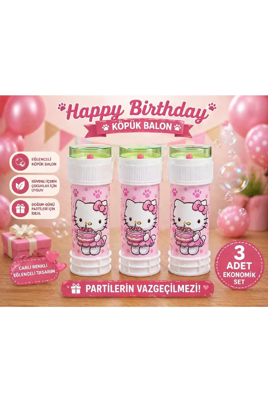 Happy Birthday Köpük Balon 10’lu Set Pembe Kedi Temalı Doğum Günü Parti Oyuncağı Çocuklar İçin Eğlenceli Köpük Baloncuk