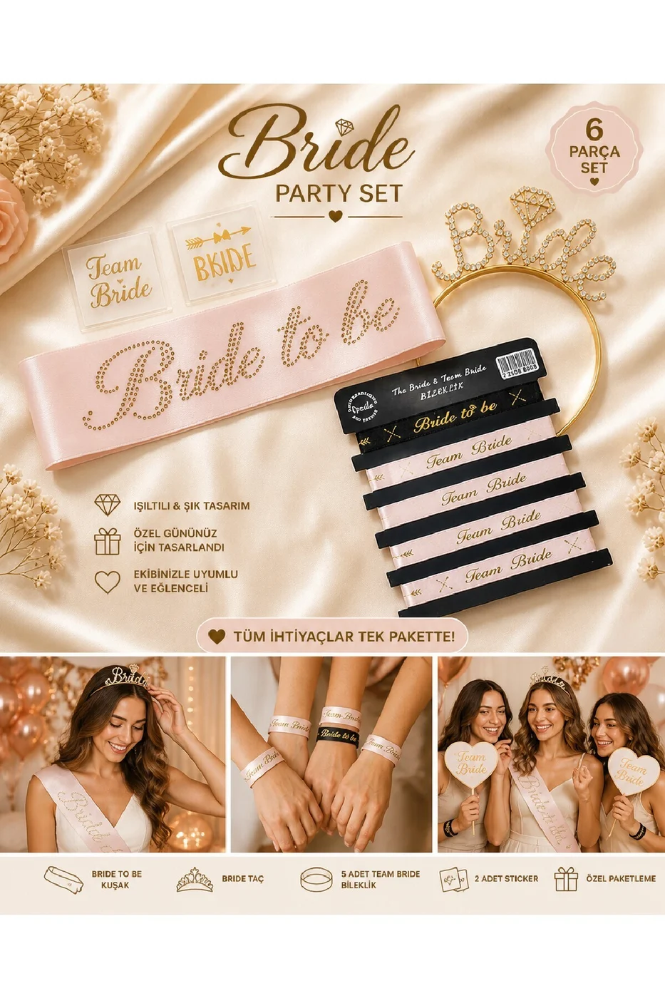 Bride To Be Bekarlığa Veda Seti 5 Parça – Taşlı Kuşak, Taşlı Metal Taç, Bileklik ve Dövme Seti Beyaz Gold gorsel 3