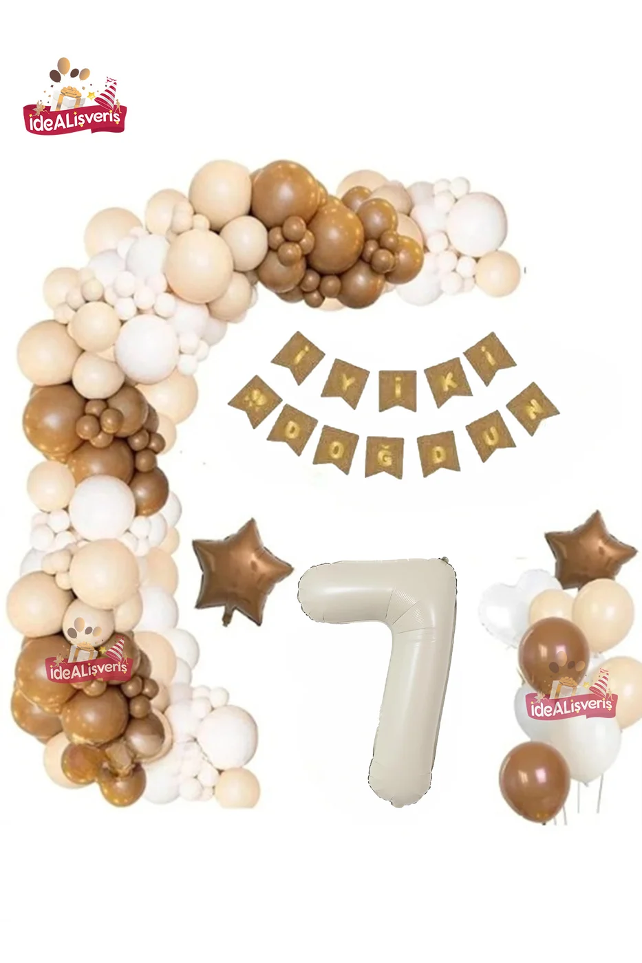 7 Yaş Krem Kraft Bannerli Kahve Beyaz Konsept Doğum Günü Seti