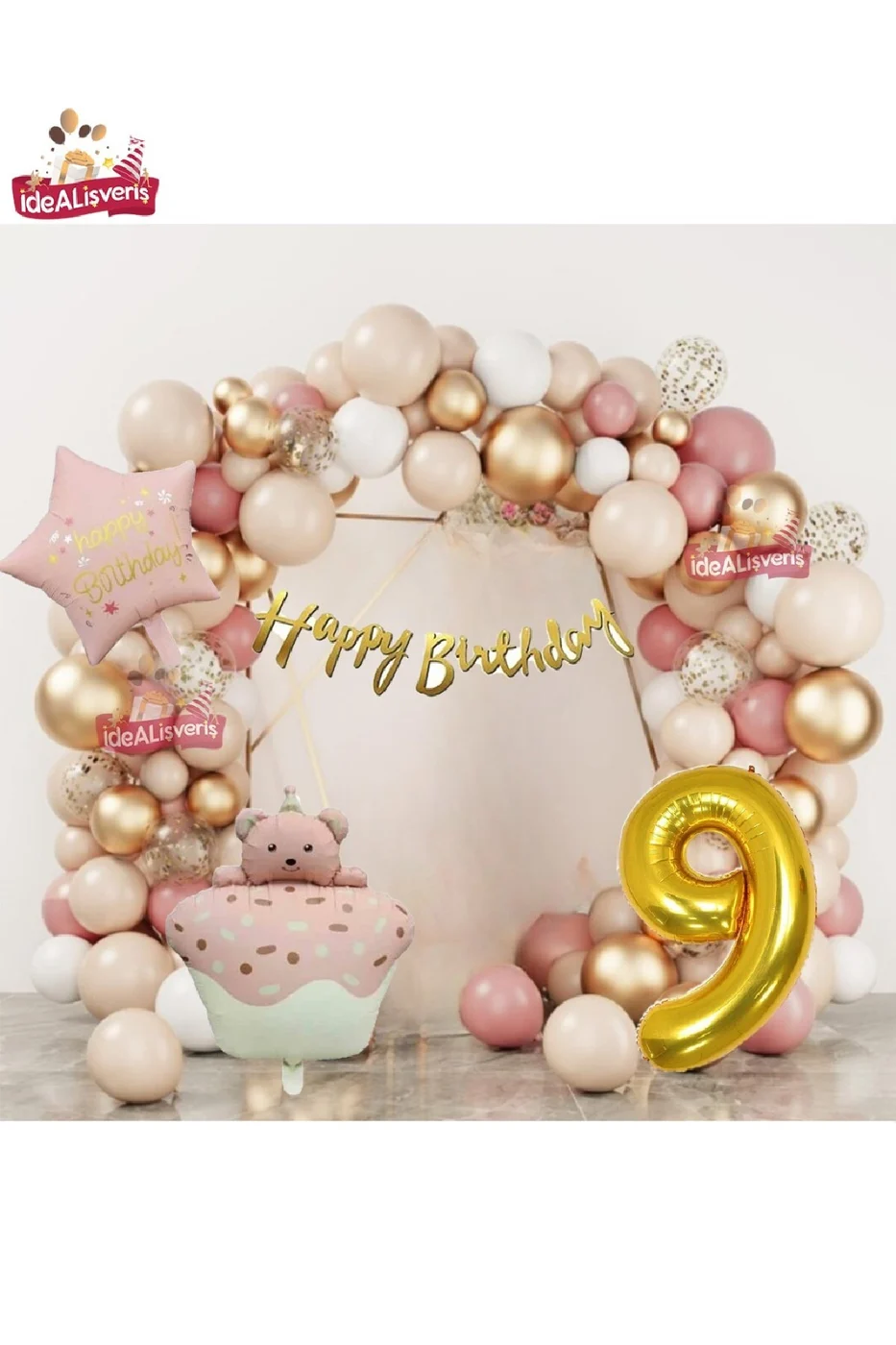 PEMBE RETRO KEK AYICIK KAFALI PEMBE RETRO YILDIZ GOLD 9 YAŞ FOLYOLU BALON DOĞUM GÜNÜ PARTİ SETİ SÜSÜ