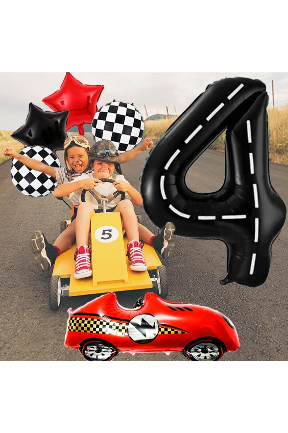 Büyük Retro Kırmızı Yarış Araba Yaş Folyolu 45 Balonlu Lüks Doğum Günü Parti Seti gorsel 4