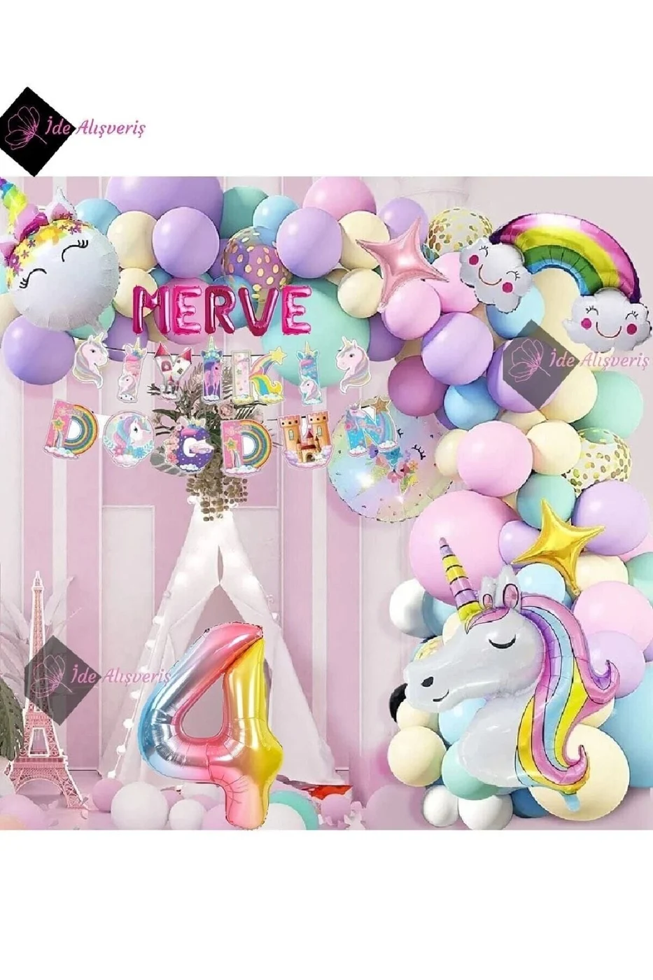 5 Harfli 4 Yaş Karakterli Unicorn Temalı Iyi Ki Doğdun Makaron Balon Doğum Günü Parti Kutlama Seti