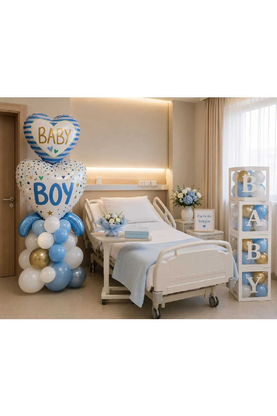 Baby Boy Hastane Odası Süsleme Seti - Balon Standlı Erkek Bebek Hastane Karşılama Dekorasyon Seti - 4'lü BABY Kutu, Balon Zinciri, Folyo Balon gorsel 4