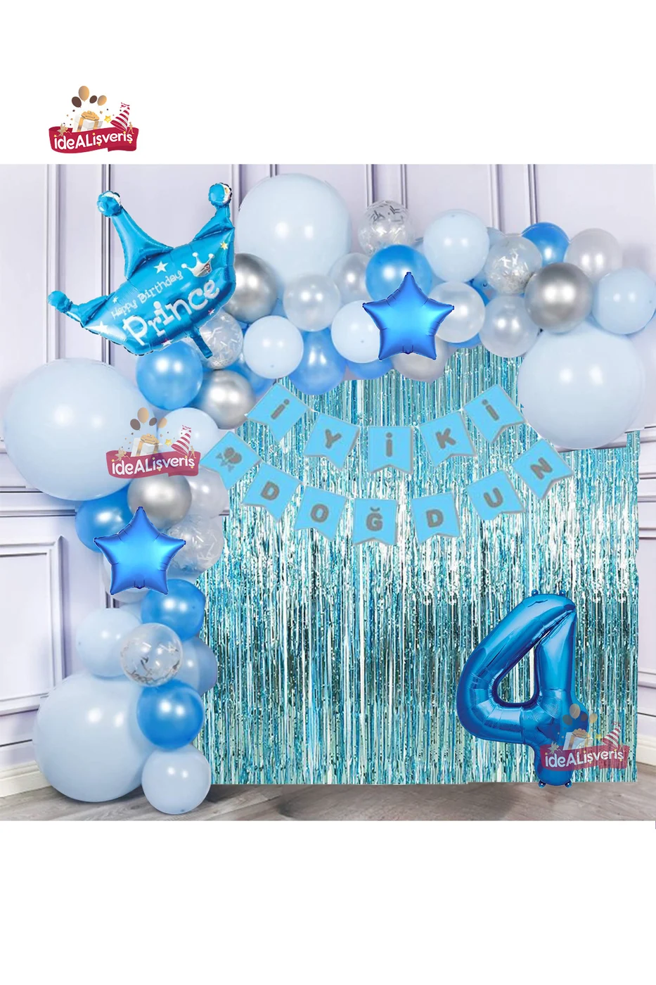 Yıldızlı Mavi Gümüş Konseptli 4 Yaş Prens Taçlı Doğum Günü Balon Zincir Seti