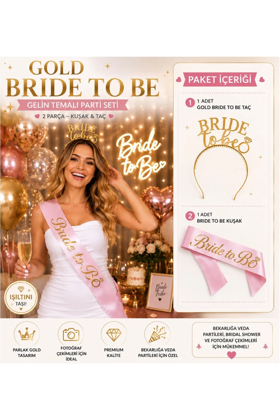 Bride To Be Taç ve Pembe Kuşak Seti - Bekarlığa Veda Gelin Aksesuarı - Bridal Shower Parti Seti gorsel 3