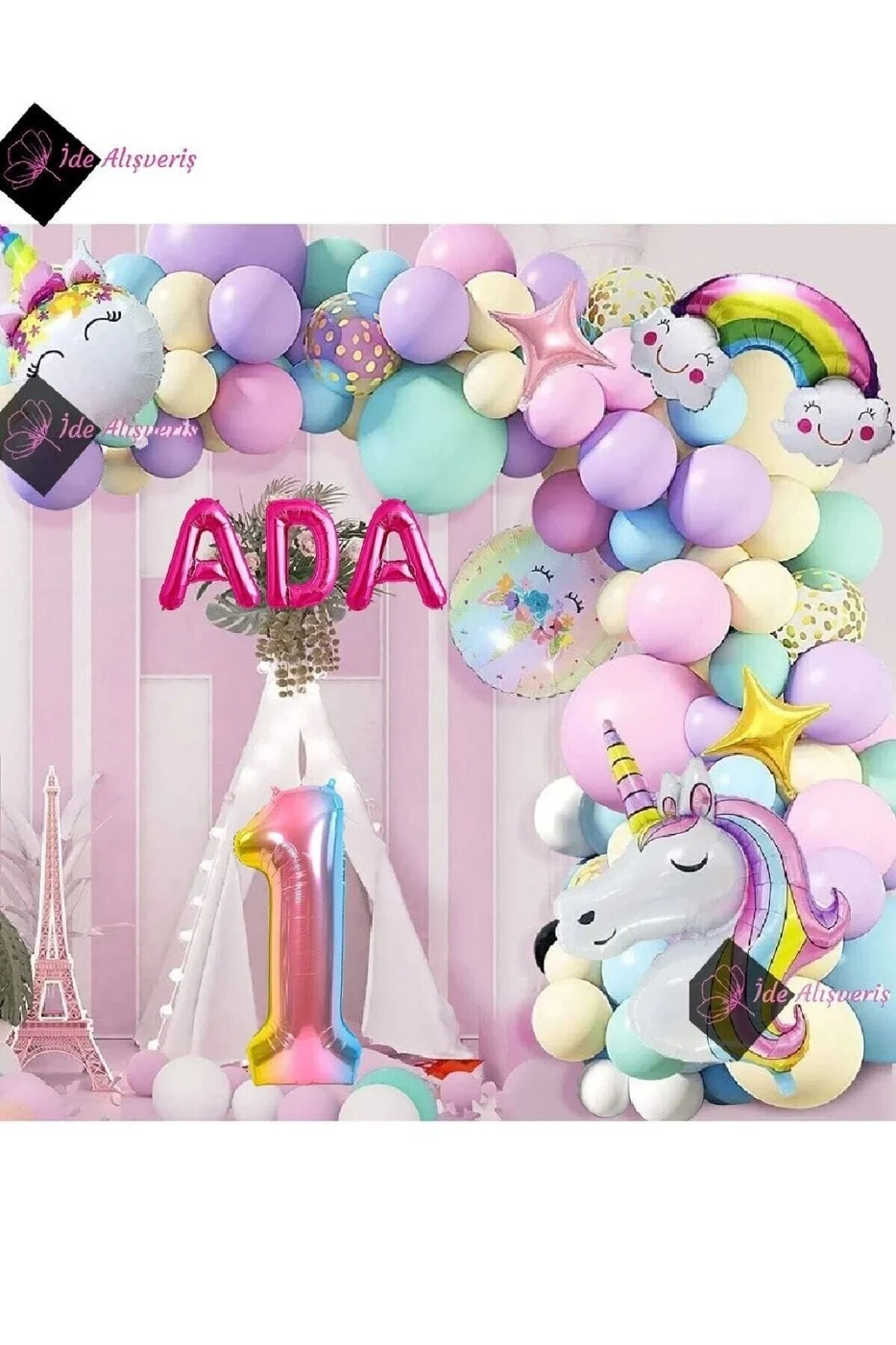 1 Yaş Ve 3 Harfli Gökkuşağı Konsepti Unicorn Temalı Makaron Balon Doğum Günü Parti Kutlama Seti gorsel 3