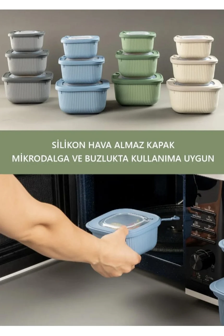 3'LÜ LİNE KARE SLİKON KAPAK HAVA ALMAZ MİKRODALGA VE BUZLUK SAKLAMA KABI SETİ gorsel 7
